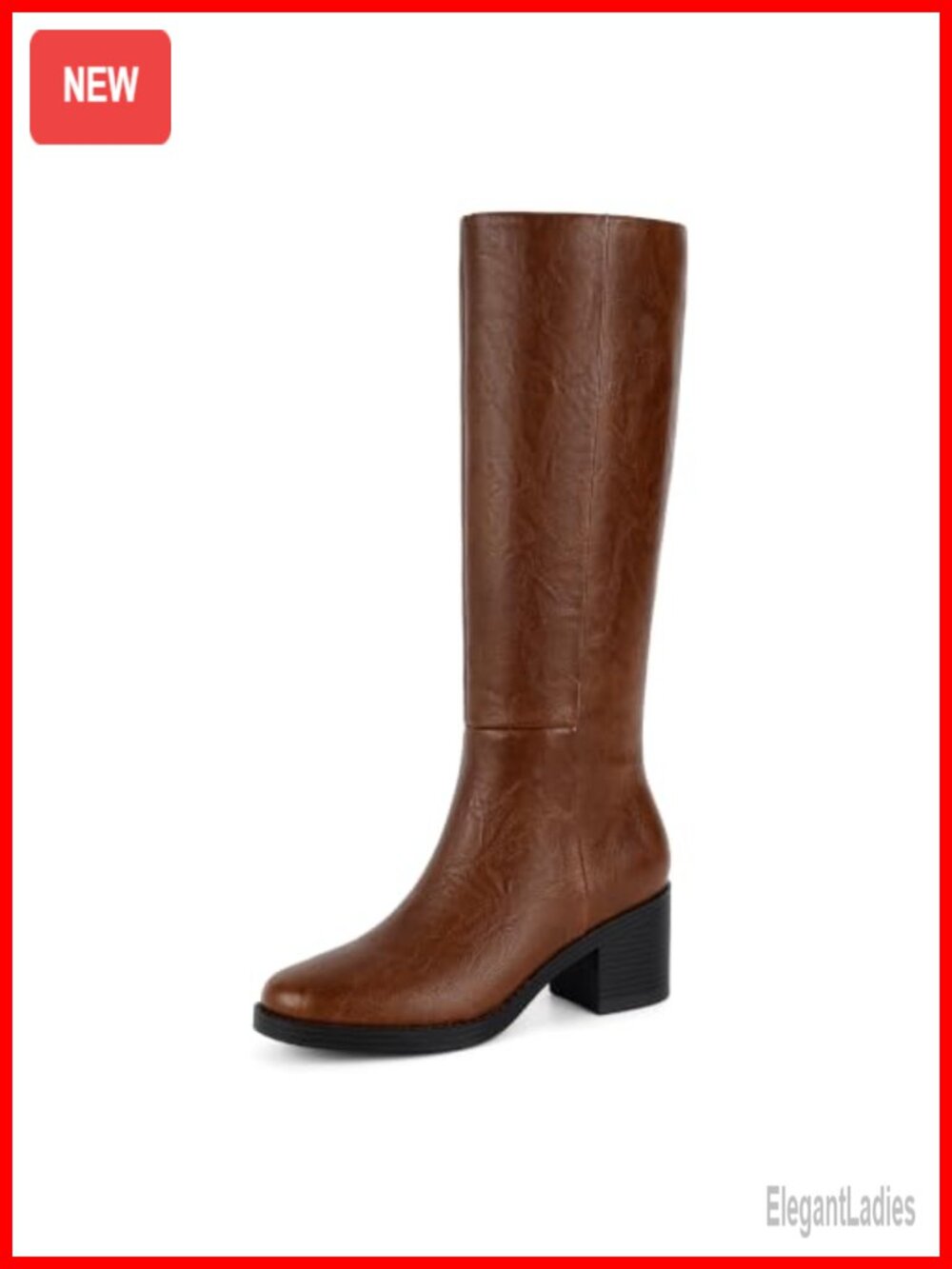Womens Knee High Boots Faux Leather Chunky Block Heel Round Toe Tall Zip